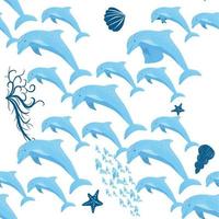 Delphin, Meeresbewohner nahtloses Muster, schöner Charakter zwischen Muscheln, Algen, Seesternen, Meerestieren vektor
