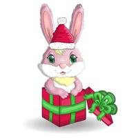 söt tecknad serie kanin i santa hatt med en gåva. vinter- 2023, jul och ny år vektor