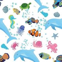 marin liv, fisk, djur ljus sömlös mönster. hav resa, under vattnet dykning djur- tropisk fisk. manet, val, haj, sjöhäst, clown fisk, delfin, sköldpadda, kejsare vektor