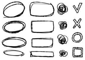 Gekritzelrahmen, Häkchen, Kreuze, Knoten. skizzensatz isoliert, liniensammlung für büro, schule. vektor