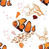 amphiprion, orange ljus hav invånare clown fisk omgiven förbi vatten lökar, hand dragen vektor