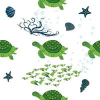 schildkrötengrünes nahtloses muster, schöner charakter zwischen muscheln, algen, seesternen, meerestieren wild lebender natur. Natur unter Wasser, marine Wildfische im Ozeanzoo. vektor