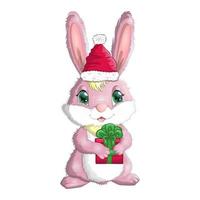 süßes karikaturkaninchen in weihnachtsmütze mit einem geschenk. Winter 2023, Weihnachten und Neujahr vektor