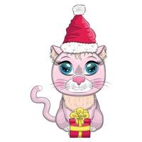 süße karikaturkatze in weihnachtsmütze mit geschenk, weihnachtskugel, candy kane. winter 2023, weihnachten und chinesisch neu vektor