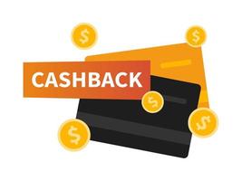 Vektor-Cashback-Etikett mit Debitkarten. Business-Cash-Back-Symbol. Rückgabe von Geld aus Einkäufen. modernes Cashback-Banner. vektor
