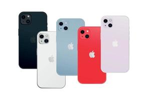nyhet äpple iphone 14, modern smartphone grej, uppsättning av 5 st ny original- färger - vektor