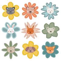 Sammlung von Doodle-Kinderzimmertieren. süße Tiere in Form von Blumen. handgezeichneter skandinavischer stil für babyparty, kinderparty, babyzimmer, kindereinladungen, poster. süße Pastellkollektion vektor