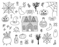 hand gezeichneter halloween-gekritzelelementsatz. kürbis, spinne, trankflasche, hexenhut, besen und knochenskizze vektor