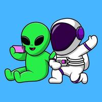 söt utomjording och astronaut selfie med telefon tecknad serie vektor ikon illustration. platt tecknad serie begrepp