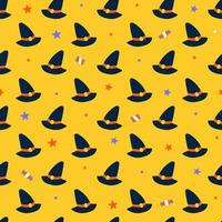 söt Lycklig halloween häxa hatt hattar tecknad serie sömlös mönster vektor gul bakgrund spöke stjärna klubba godis