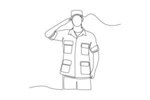 eine fortlaufende Linienzeichnung eines männlichen Soldaten in Uniform, der grüßt. veteranentageskonzept. einzeiliges zeichnen design vektorgrafik illustration. vektor