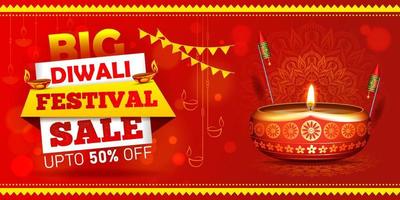 stor diwali festival försäljning rabatt baner design med diya illustration vektor