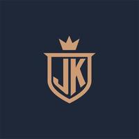 jk-monogramm-anfangslogo mit schild- und kronenstil vektor