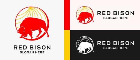 bison logotyp design mall med röd Färg silhuett i cirkel. premie vektor