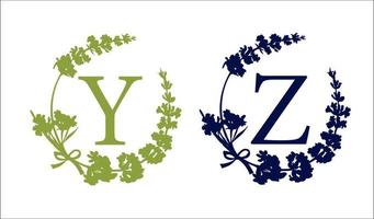 yz-Buchstabe. stellen sie moderne handgezeichnete silhouettenskizzenillustrationen ein. Lavendelblumenkranz mit Alphabetmonogramm. gute idee für hochzeitsdeko. typografisches emblem des weinlesevektors, logo, etikettendesign. vektor