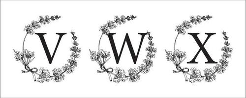 vwx-Brief. set moderne handgezeichnete gravierte skizzenillustrationen. Lavendelblumenkranz mit Alphabetmonogramm. gute idee für hochzeitsdeko. typografisches emblem des weinlesevektors, logo, etikettendesign. vektor