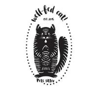 roligt katt med fisk. förhandsgjord logotyp. svart och vit färger. isolerat bakgrund. ritad för hand stämpel silhuett. husdjur barnvakt varumärke. vektor