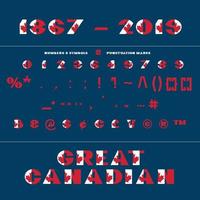 alphabet für feierdesign 1. juli in nationaler kanada-flaggenschriftart auf dunkelblauem hintergrund mit text großer kanadier. vektor