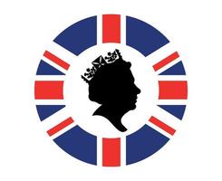 Queen Elizabeth Gesicht schwarz und weiß mit britischer Flagge des Vereinigten Königreichs nationales Europa Emblem Symbol Vektor Illustration abstraktes Gestaltungselement