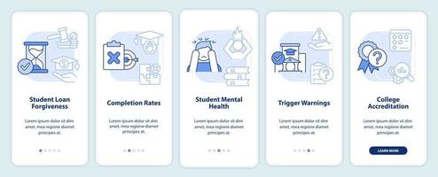 frågor i högre utbildning ljus blå onboarding mobil app skärm. genomgång 5 steg redigerbar grafisk instruktioner med linjär begrepp. ui, ux, gui mall. vektor