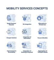 mobilität als service hellblaue konzeptsymbole gesetzt. städtische Infrastruktur. maas idee dünne linie farbillustrationen. isolierte Symbole. editierbarer Strich. vektor