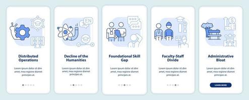 Probleme in der Hochschulbildung hellblauer Onboarding-Bildschirm der mobilen App. Komplettlösung 5 Schritte editierbare grafische Anweisungen mit linearen Konzepten. ui, ux, gui-Vorlage. vektor