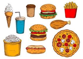 Burger-Menü-Skizzensymbol mit Desserts und Getränken vektor
