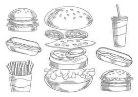 fast-food-snacks und getränkeskizzen vektor