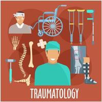 Traumatologie-Symbol mit Chirurgen und medizinischen Werkzeugen vektor