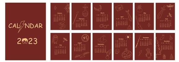 Kalenderdesign 2023. handgezeichneter doodle magischer kalenderplaner minimaler stil, jährlicher organisator. Vektor-Illustration. Farbe rot und gold.