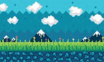 TV-spel scenary med bergen och blommor vektor vektor illustration