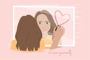 söt flicka ser på själv på de spegel själv kärlek vektor illustration
