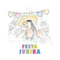 aquarellmädchen mit sommerhut und verzierungen festa junina plakatvektorillustration vektor