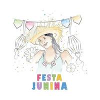 vattenfärg flicka med sommar hatt och ornament festa junina affisch vektor illustration