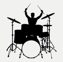 schlagzeuger-silhouette, akustisches drum-kit-silhouette, trap-set-percussion-musikinstrument vektor