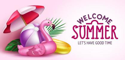 Sommerferien-Vektordesign. willkommener sommertext mit wasserball, flamingoschwimmern und regenschirm auf rosa hintergrund für die tropische saison entspannen und urlaub genießen. Vektor-Illustration. vektor