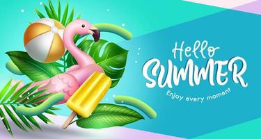 sommar vektor bakgrund design. Hej sommar hälsning text med växter och flamingo flottörer i abstrakt bakgrund för tropisk säsong Semester dekoration. vektor illustration.