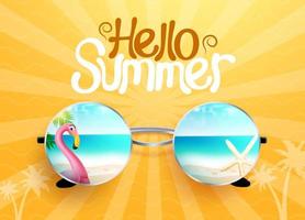 sommar Semester hälsning vektor design. Hej sommar text i gul mönster bakgrund med strand och flamingo i solglasögon reflexion för tropisk säsong hälsning. vektor illustration.