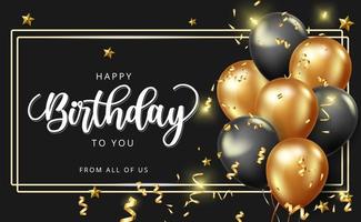 Lycklig födelsedag vektor baner design. Lycklig födelsedag till du hälsning text med gyllene ballonger och konfetti element i elegant svart bakgrund för fira födelse dag dekoration.