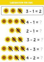 Subtraktion mit gelber Sonnenblume. Mathe-Lernspiel für Kinder. vektor