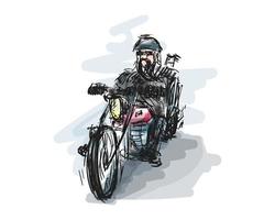 cyklist motorcykel med kraftfull motor på hastighet väg. snabb moto vektor illustration. hand dragen måla konst för skriva ut mall.