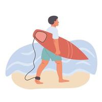 manlig surfare går med surfingbräda nära de hav vatten vektor platt illustration. kille i badkläder promenader på sand. surfare man på strand vatten sommar aktivitet