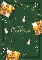 glad jul affisch bakgrund med gåva, sträng ljus, godis, jul träd och snögubbe. vektor illustration