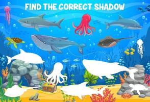 Finden Sie den richtigen Schatten der Meerestiere Kinderspiel vektor