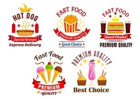 Fast-Food-Symbole. Etiketten für Snacks, Getränke, Desserts vektor