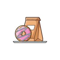 Abbildung: Donuts Papiertüte zum Mitnehmen. vektorkarikatur, schnellimbissillustration lokalisiert auf einem weißen hintergrund. vektor