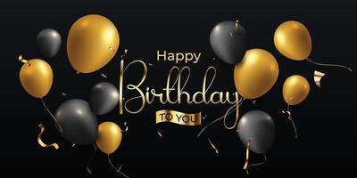 Lycklig födelsedag svart och guld bakgrund med realistisk 3d flytande ballonger och band vektor