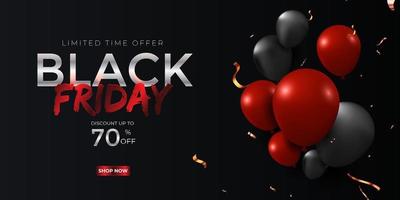 black friday sale werbebanner design mit stilisierten 3d-buchstaben in roter farbe und glänzenden luftballons vektor