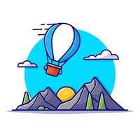 berglandschaft mit heißluftballon-cartoon-vektor-symbol-illustration. Lufttransport-Icon-Konzept isolierter Premium-Vektor. flacher Cartoon-Stil vektor