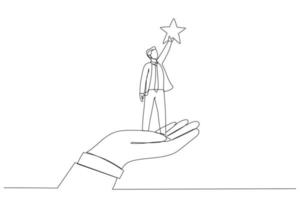 teckning av jätte hand portion en affärsman till nå ut för de stjärnor. enda linje konst stil vektor